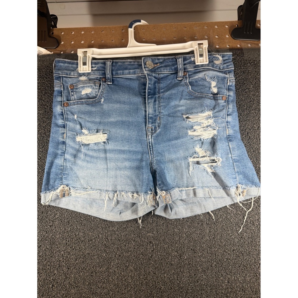 American Eagle Hi-Rise Shortie Womens 10 Blue Distressed Super Stretch Denim